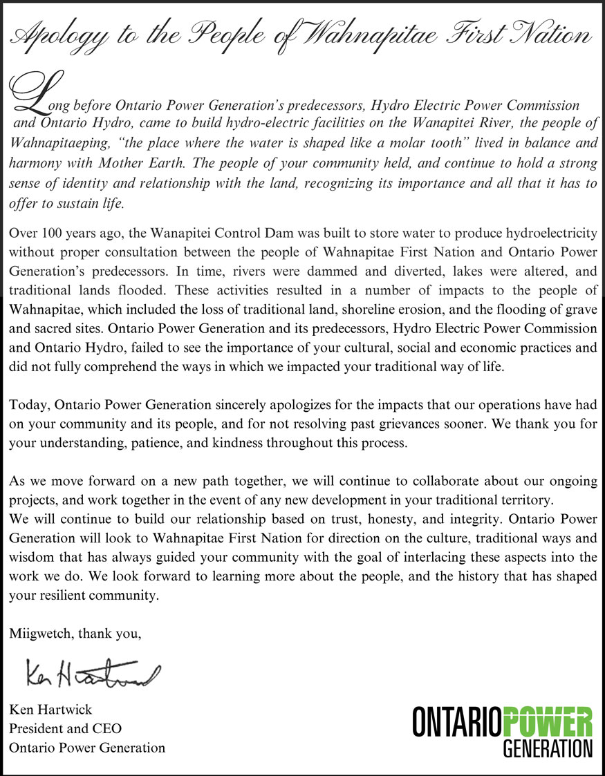 OPG Wahnapitae First Nation Apology