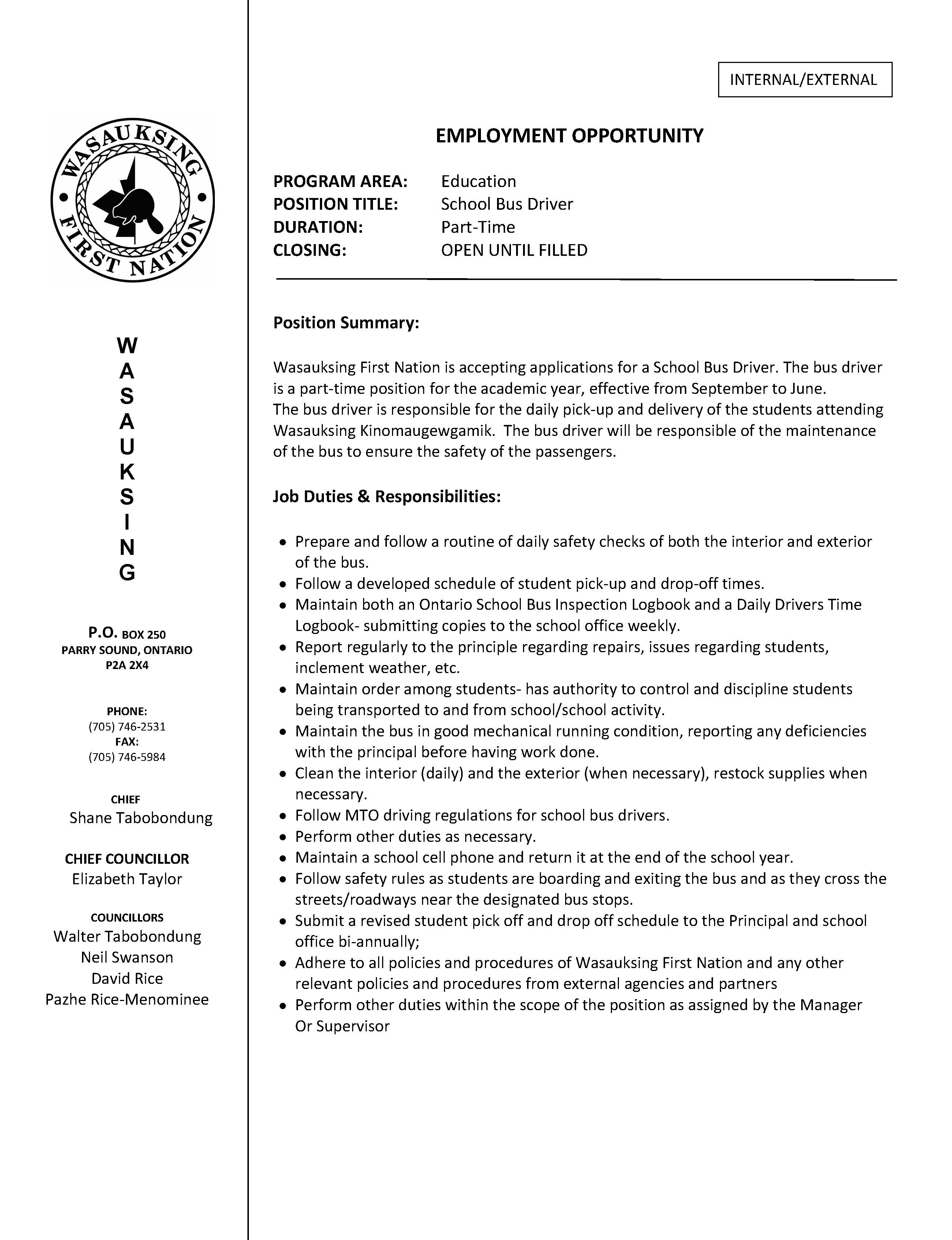 INDF. GED Wasauksing School Bus Driver Page 1