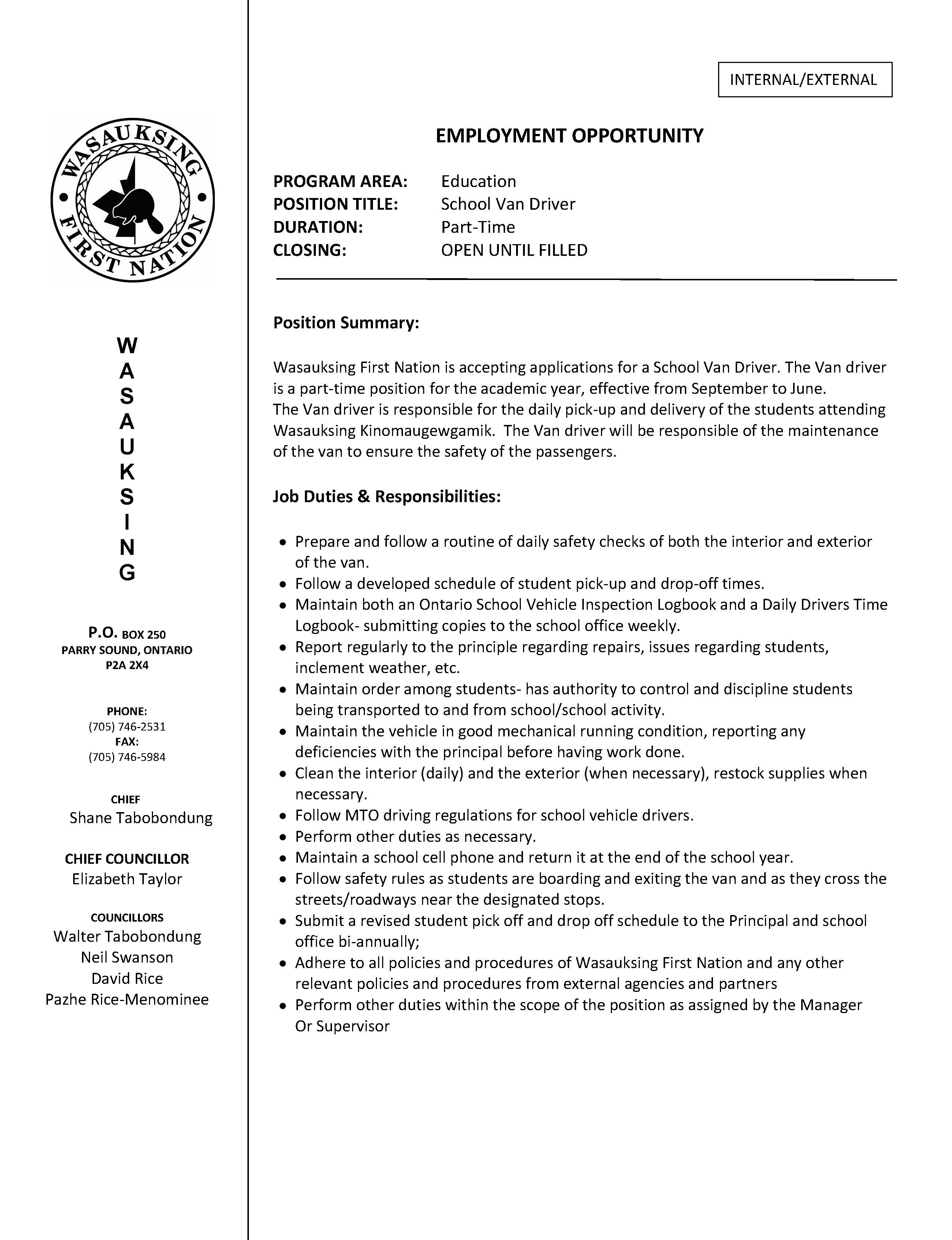 INDF. GED Wasauksing School Van Driver Page 1
