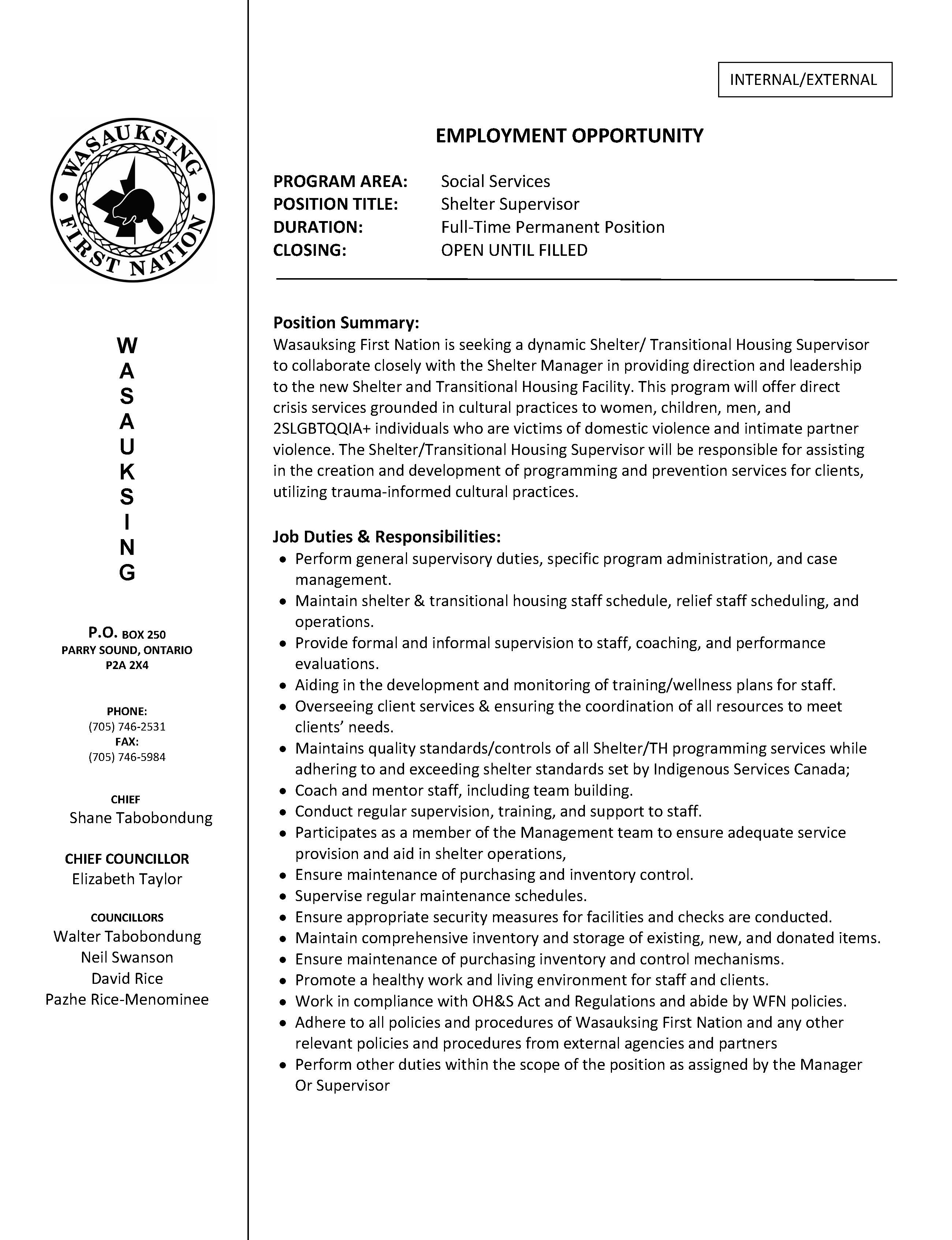 INDF. Social Services Shelter Supervisor Page 1