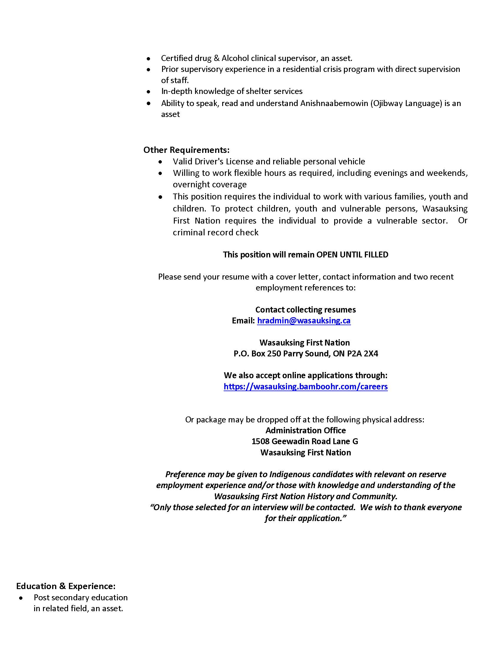 INDF. Social Services Shelter Supervisor Page 2