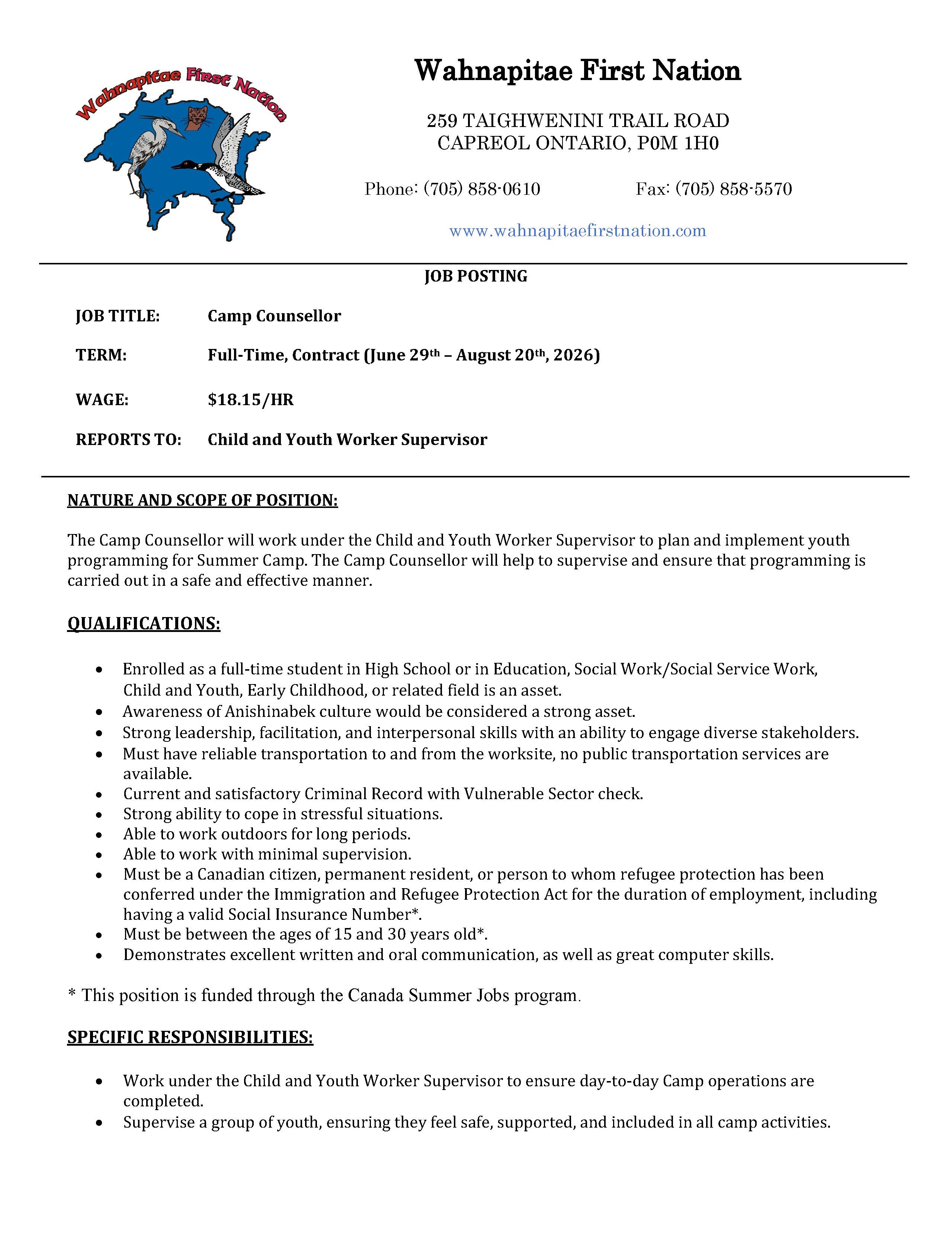 Camp Counsellor Job Ad Page 1