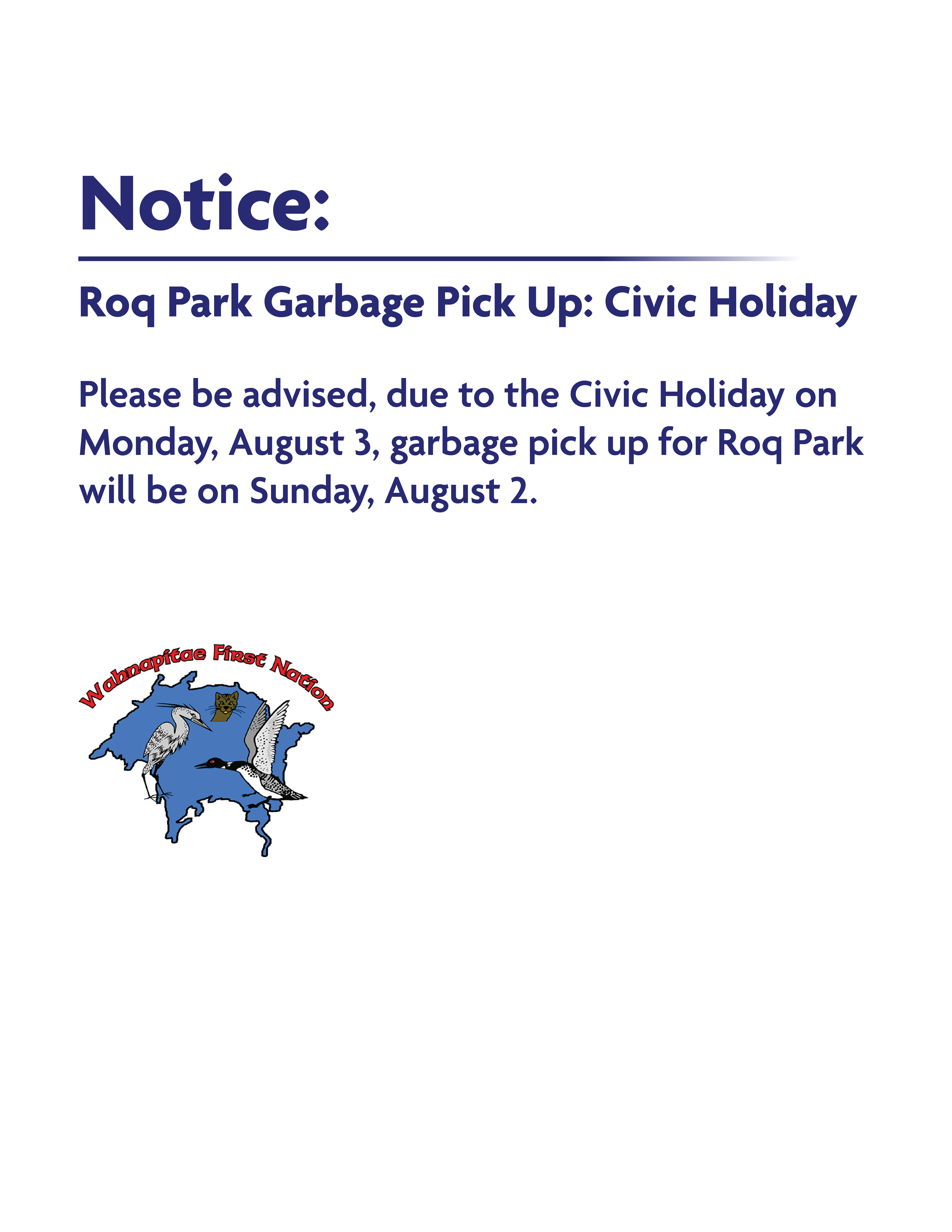 notice roq park garbage civic holiday aug2026